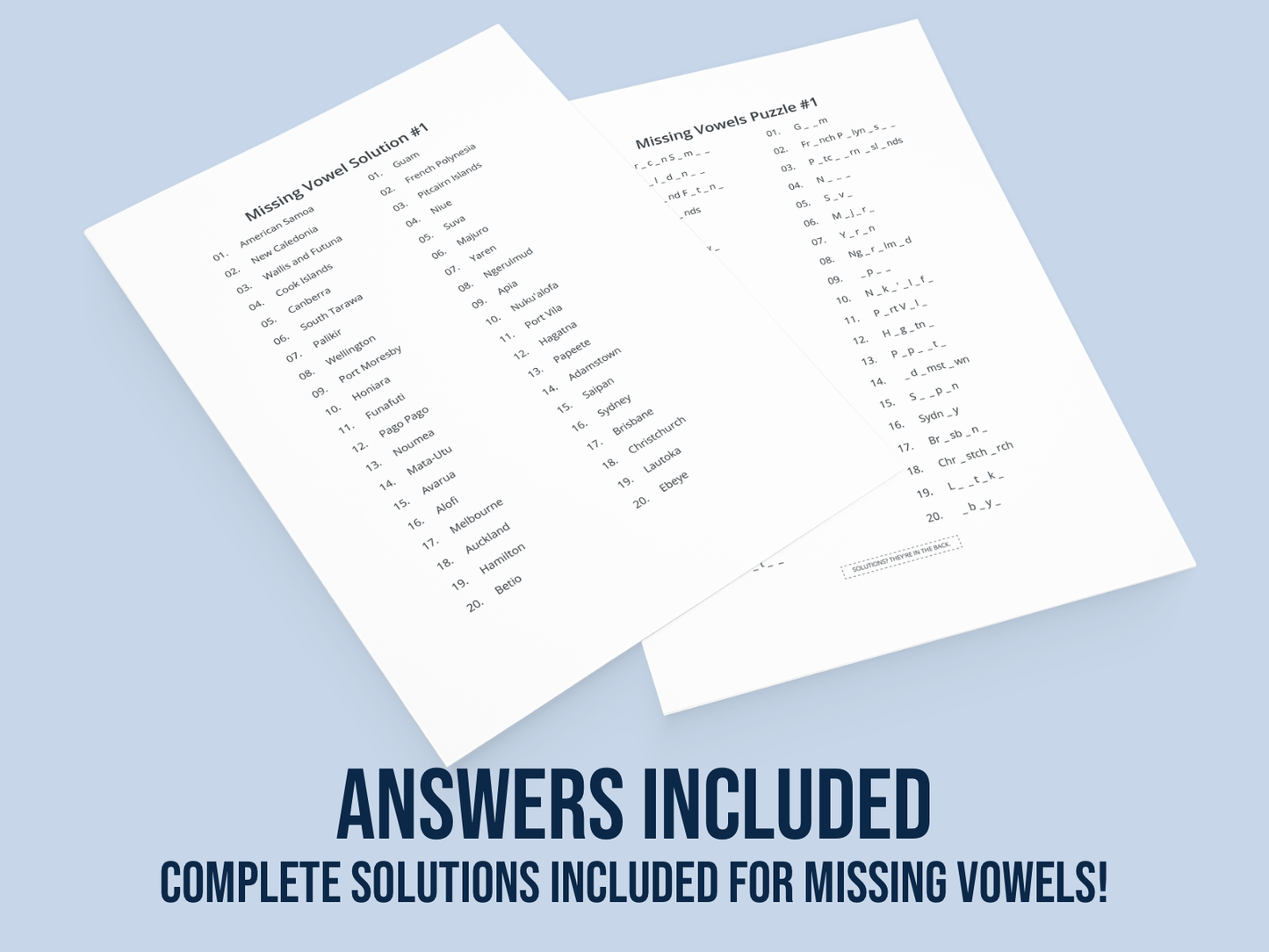 Two sheets of paper with missing vowels puzzles on a light blue background.