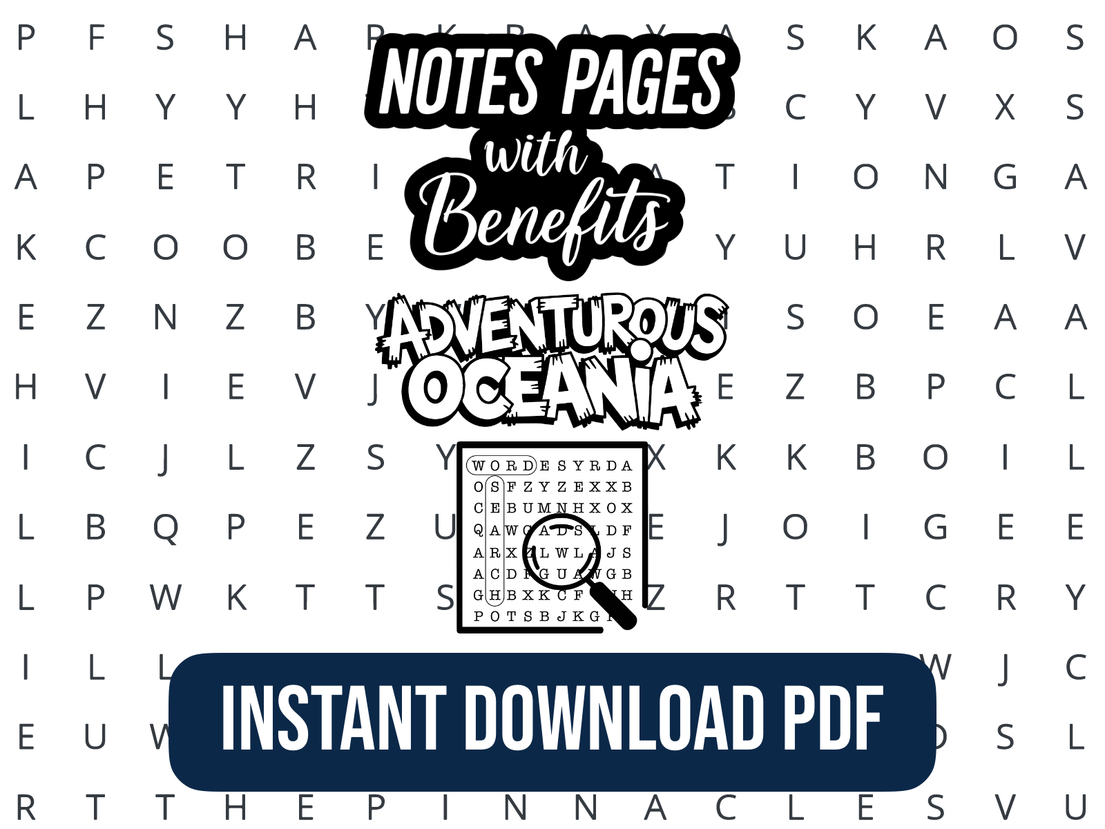 Word Search graphic for 'Notes Pages with Benefits, Adventurous Oceania, Instant Download PDF" featuring a Word Search background.
