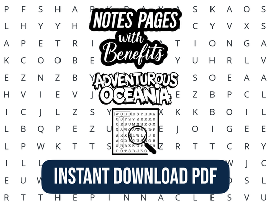 Word Search graphic for 'Notes Pages with Benefits, Adventurous Oceania, Instant Download PDF" featuring a Word Search background.