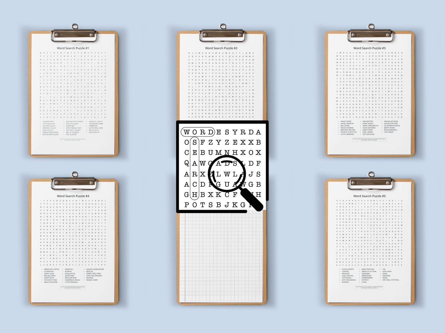 Set of word search puzzles on 6 clipboards on a blue background.