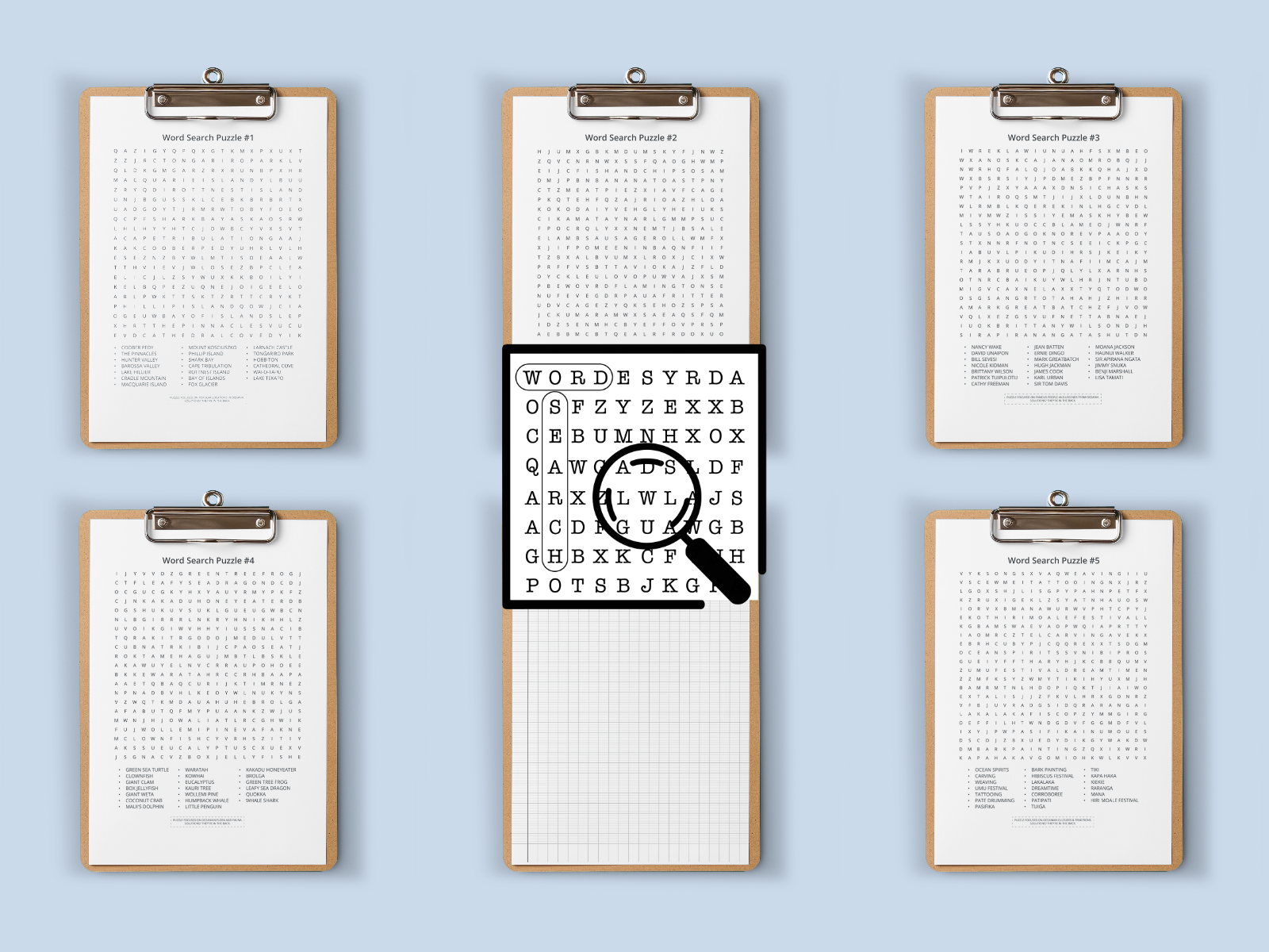 Set of word search puzzles on 6 clipboards on a blue background.