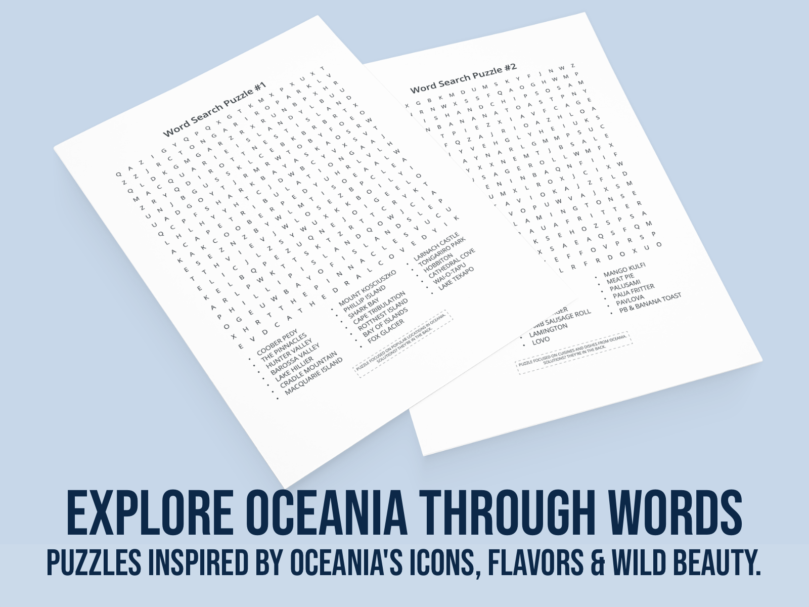 Two word search puzzles on white paper with a blue background and text about exploring Oceania through words.