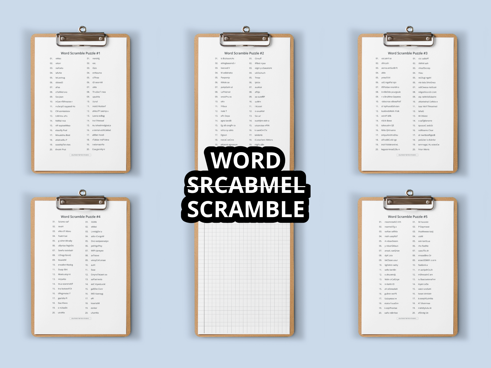 Set of six clipboards with word scramble lists on a light blue background, featuring the text 'Word Scramble Scramble'.