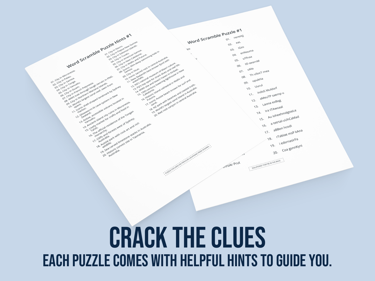 One word scramble puzzle and its hints on a light blue background with text encouraging viewers to solve them.