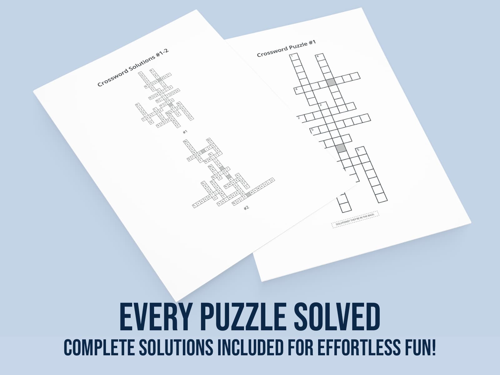 Two crossword puzzle sheets on a light blue background with text about puzzle solutions.