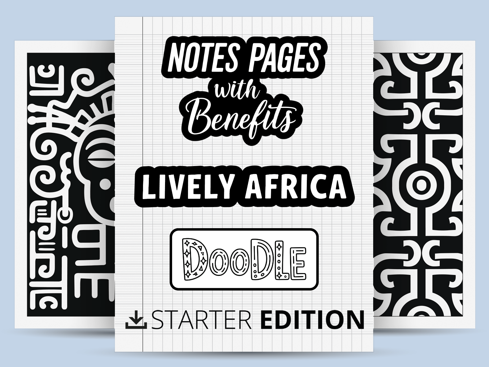 Notebook with 'Notes Pages with Benefits' and 'Lively Africa Doodle' text on a light blue background