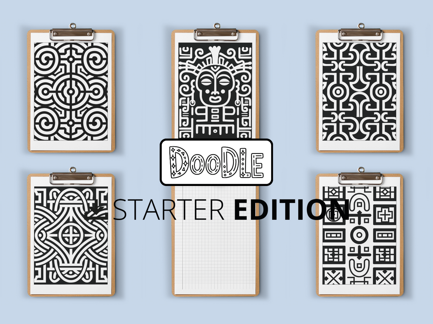Set of six framed black and white doodle designs on a light blue background with 'Doodle Starter Edition' text.