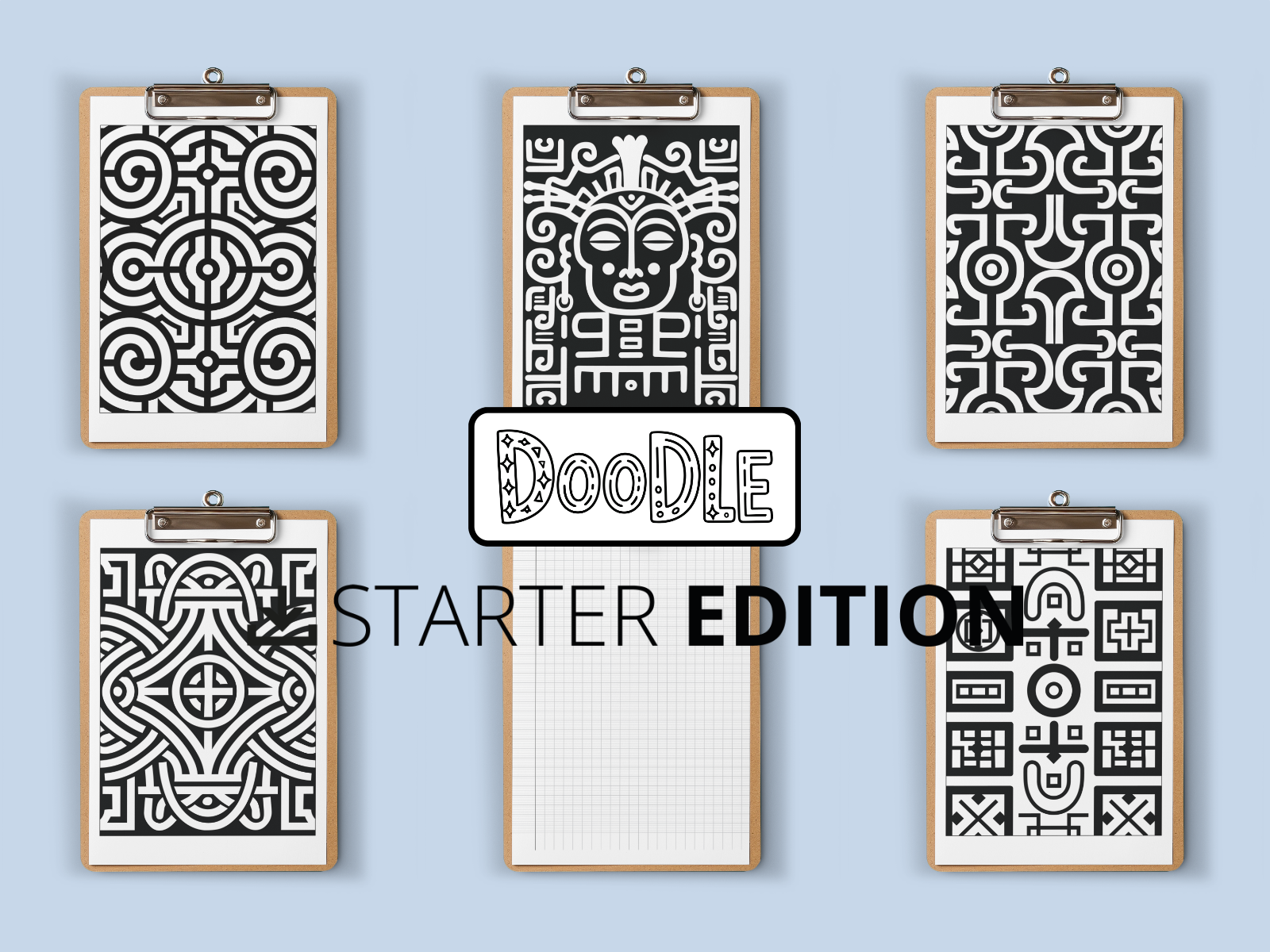 Set of six framed black and white doodle designs on a light blue background with 'Doodle Starter Edition' text.