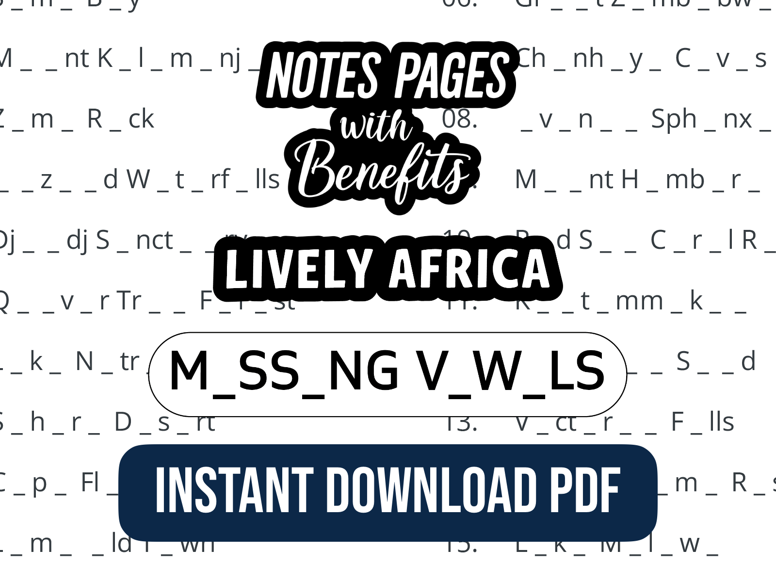 Missing Vowels  puzzle overlay on a background with 'Lively Africa' and 'Instant Download PDF' text.