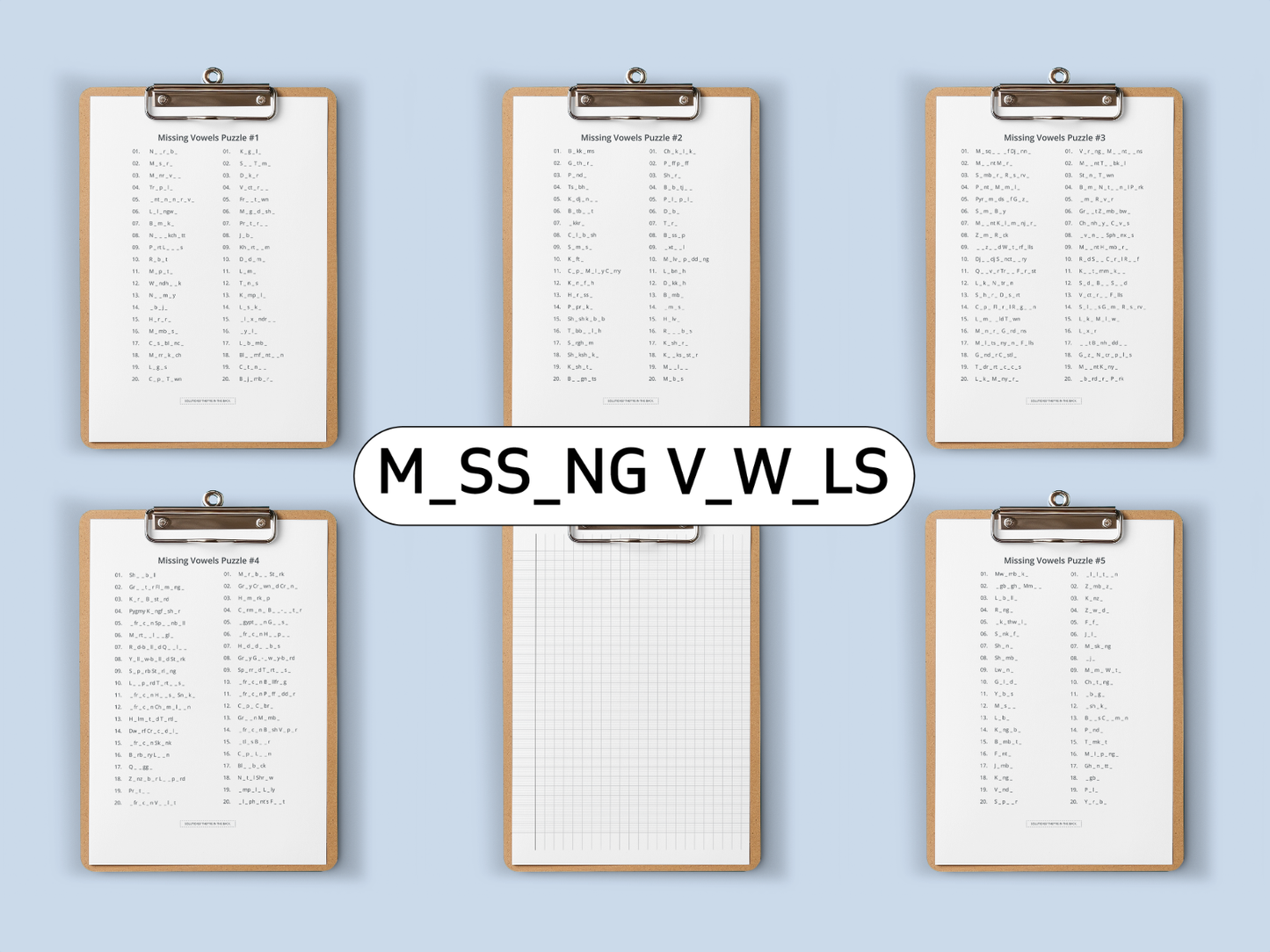 Set of Missing Vowels Puzzles on Six clipboards on a light blue background