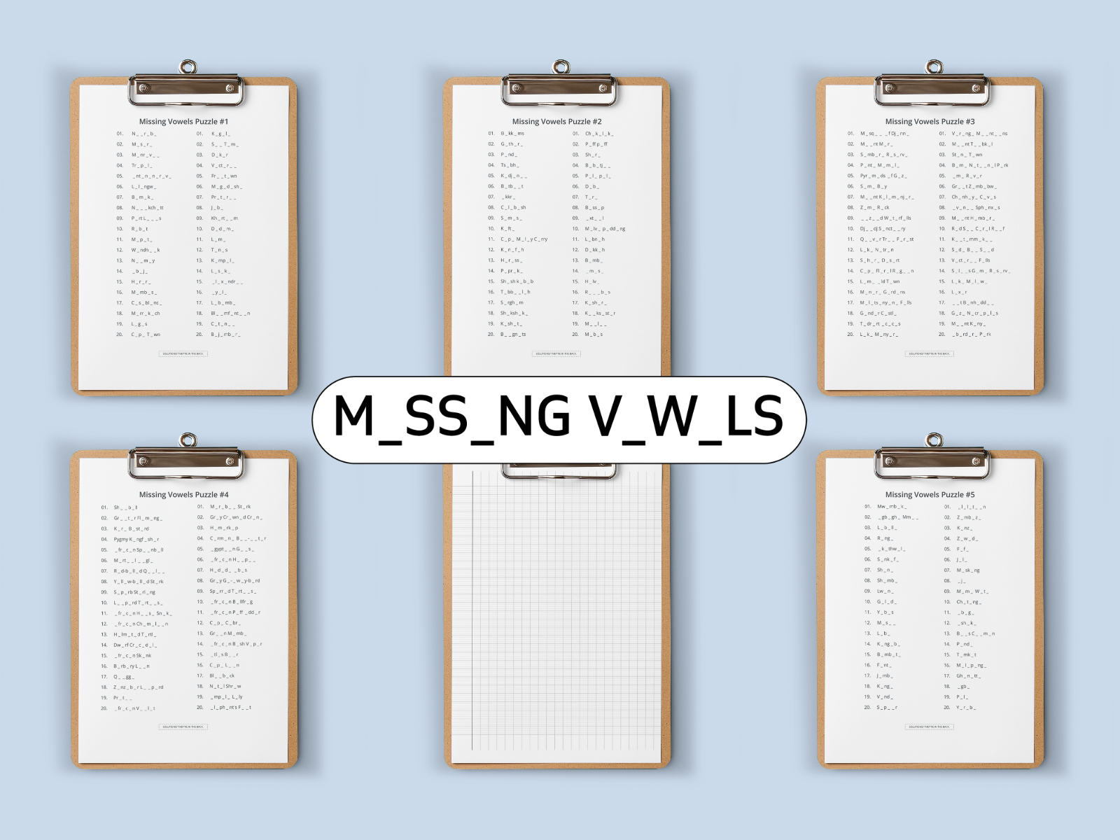 Set of Missing Vowels Puzzles on Six clipboards on a light blue background