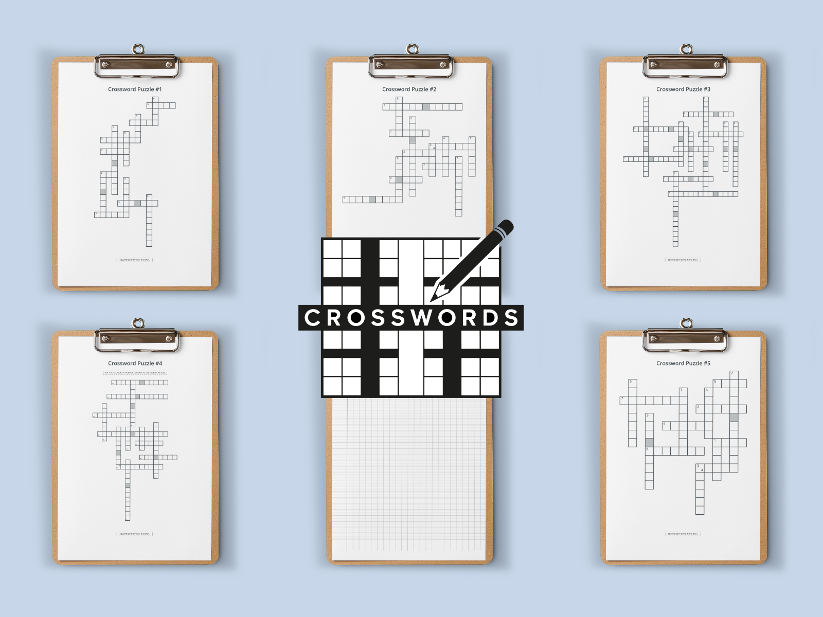 Set of six crossword puzzles on clipboards with a central crossword puzzle graphic and text.