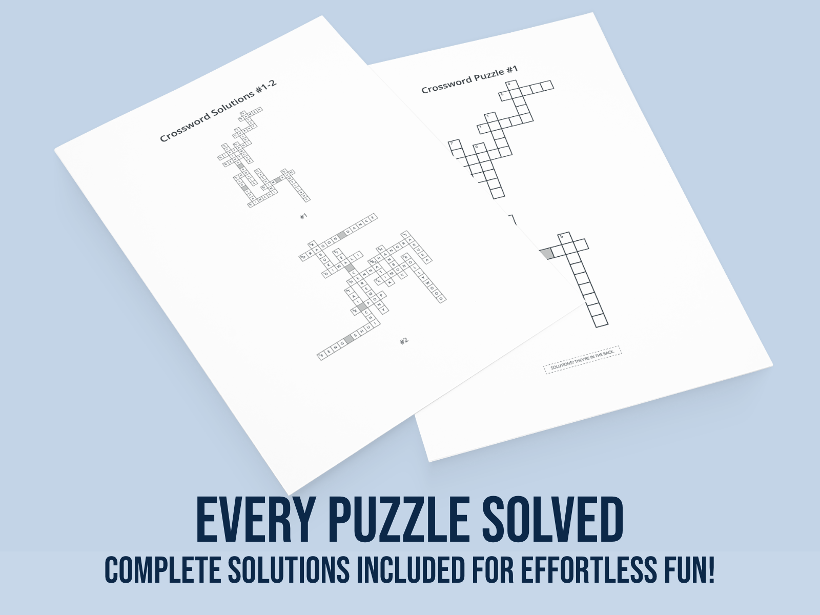 Two crossword puzzle sheets on a light blue background with text about puzzle solutions.