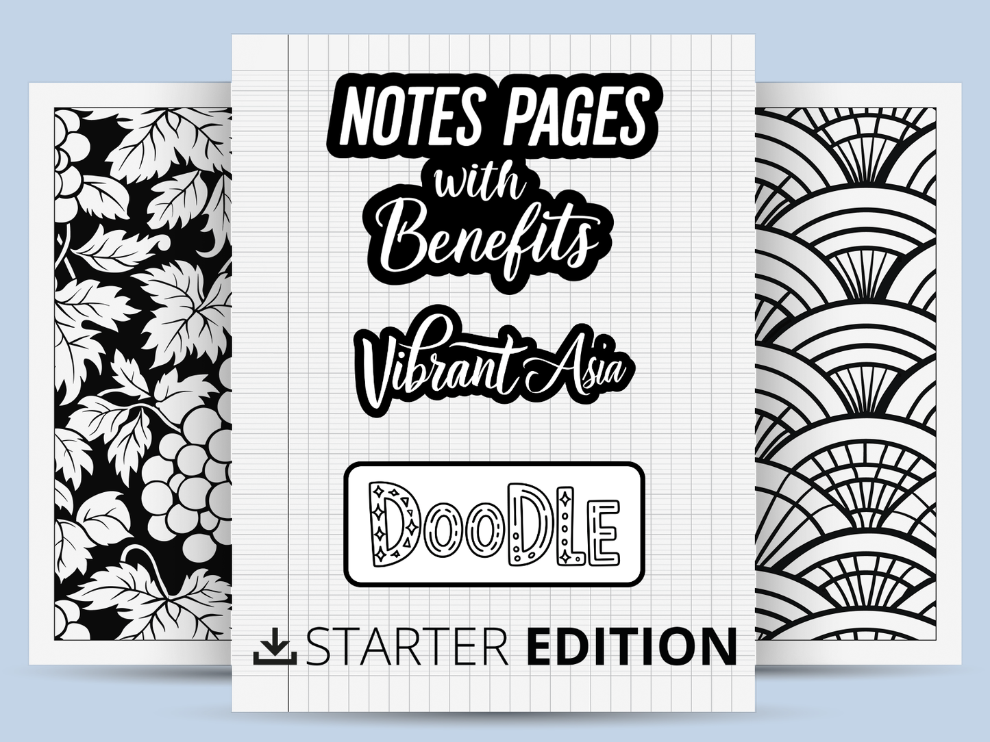 Promotional cover with text 'Notes Pages with Benefits Vibrant Asia Doodle Starter Edition' on a light blue background.
