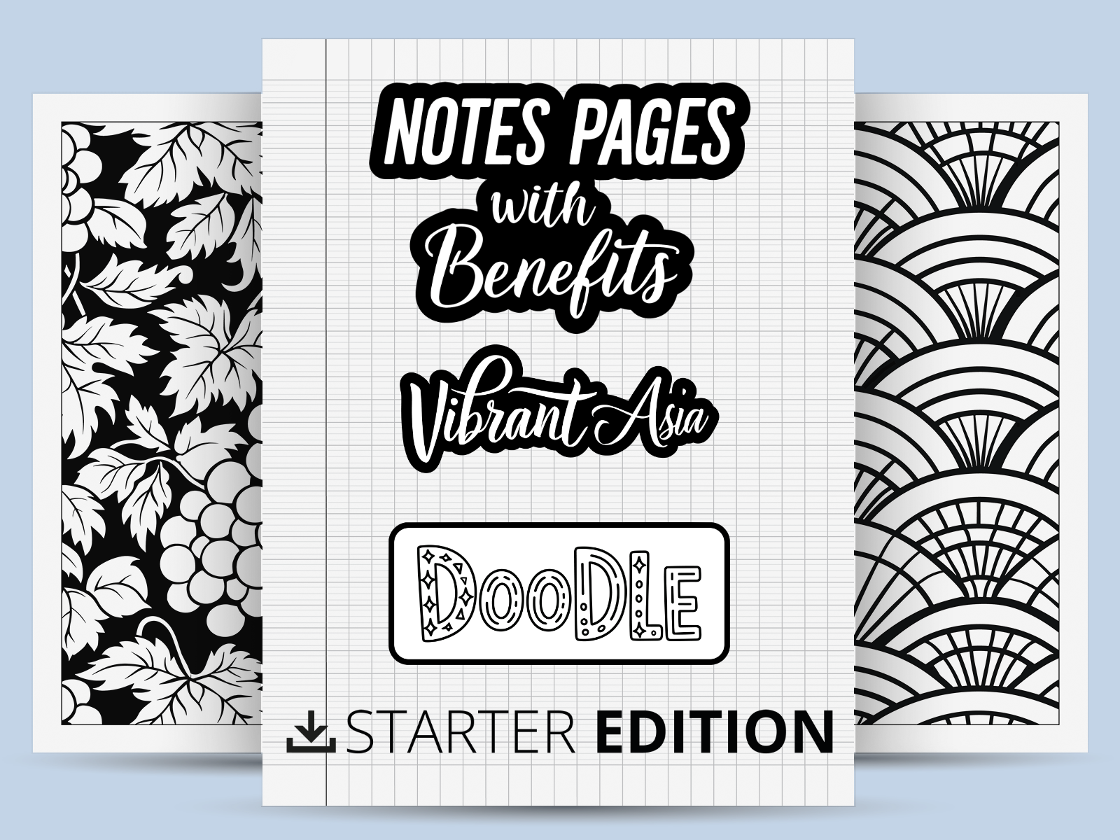 Promotional cover with text 'Notes Pages with Benefits Vibrant Asia Doodle Starter Edition' on a light blue background.