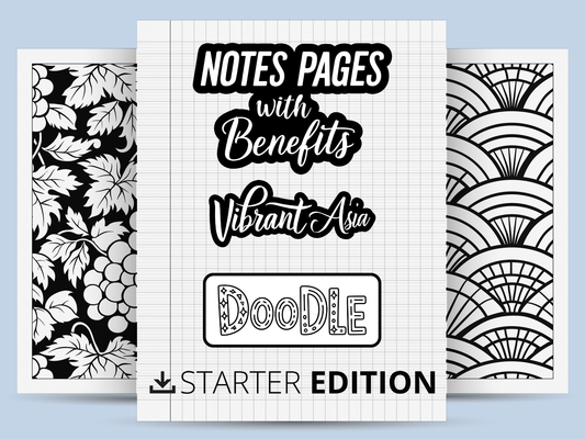 Promotional cover with text 'Notes Pages with Benefits Vibrant Asia Doodle Starter Edition' on a light blue background.