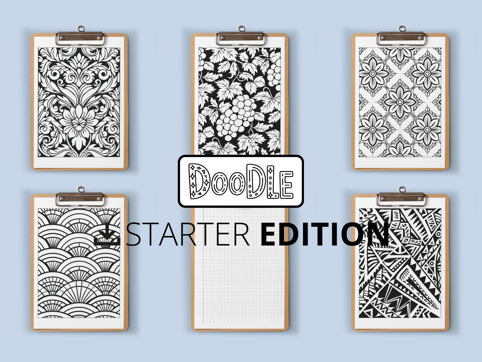 Set of six black and white doodle designs on clipboards with 'Doodle Starter Edition' text on a light blue background.