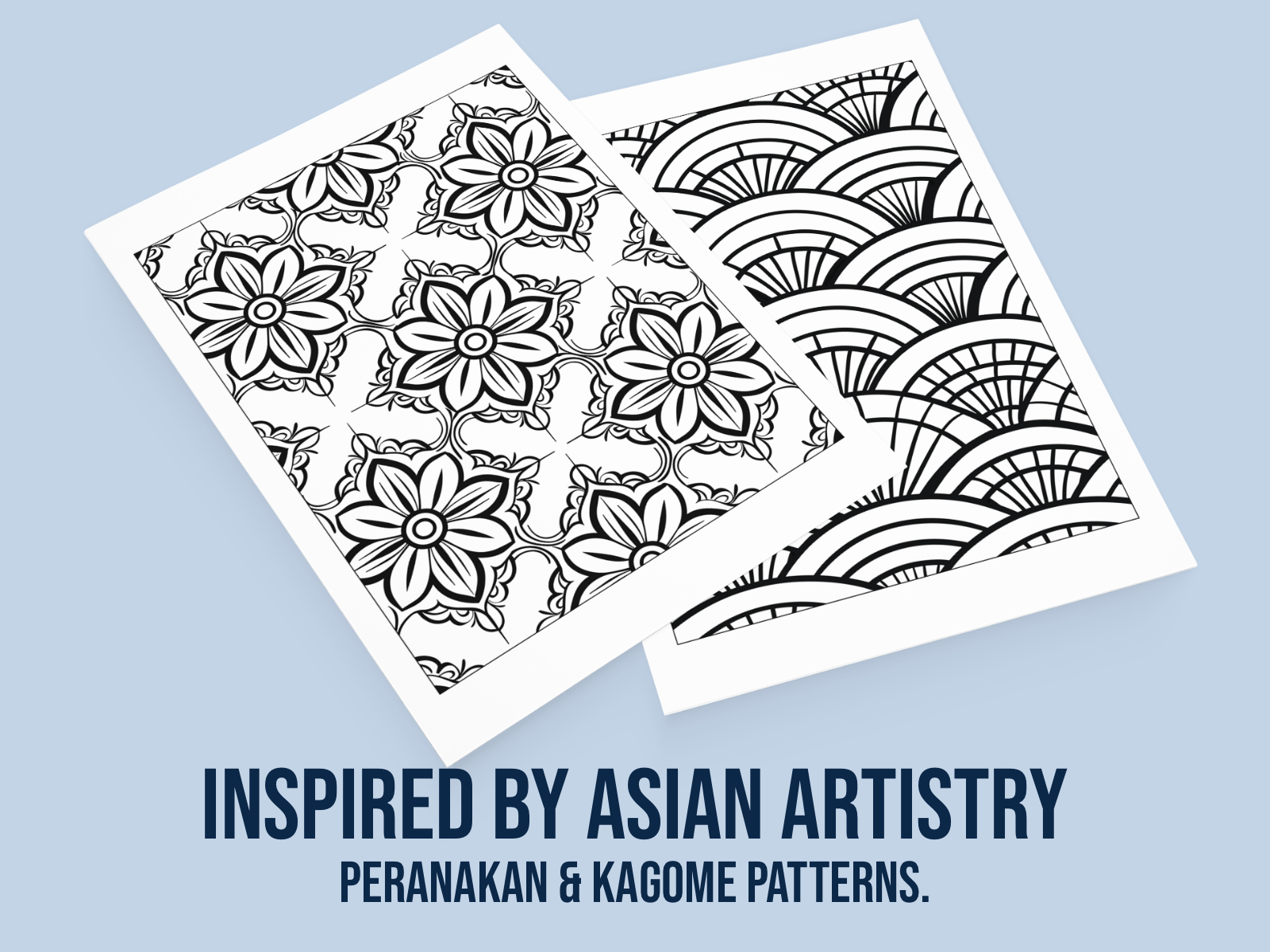 Two sheets of paper with black floral and wave patterns on a light blue background, inspired by Asian artistry.