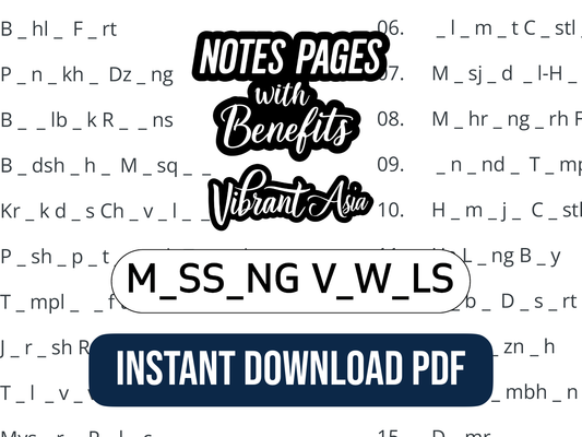 Text overlay on a white background with promotional text for a 'Notes Pages with Benefits Missing Vowel puzzle' from 'Vibrant Asia'.