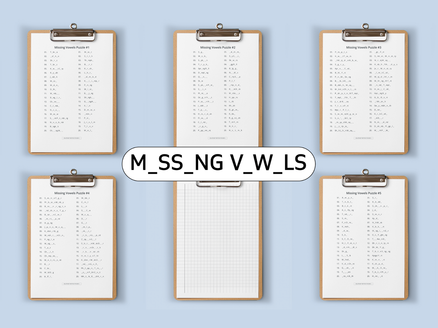 Six clipboards with missing vowel puzzles on a light blue background, and text featuring letters M, S, N, G, V, W, and LS.