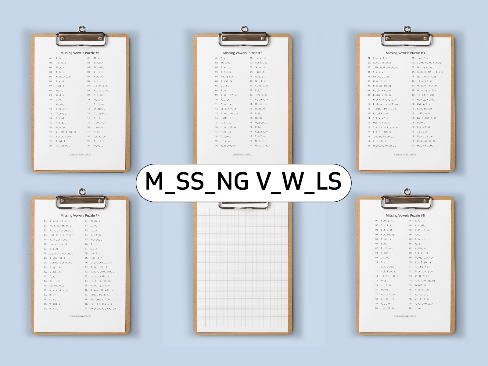 Six clipboards with missing vowel puzzles on a light blue background, and text featuring letters M, S, N, G, V, W, and LS.