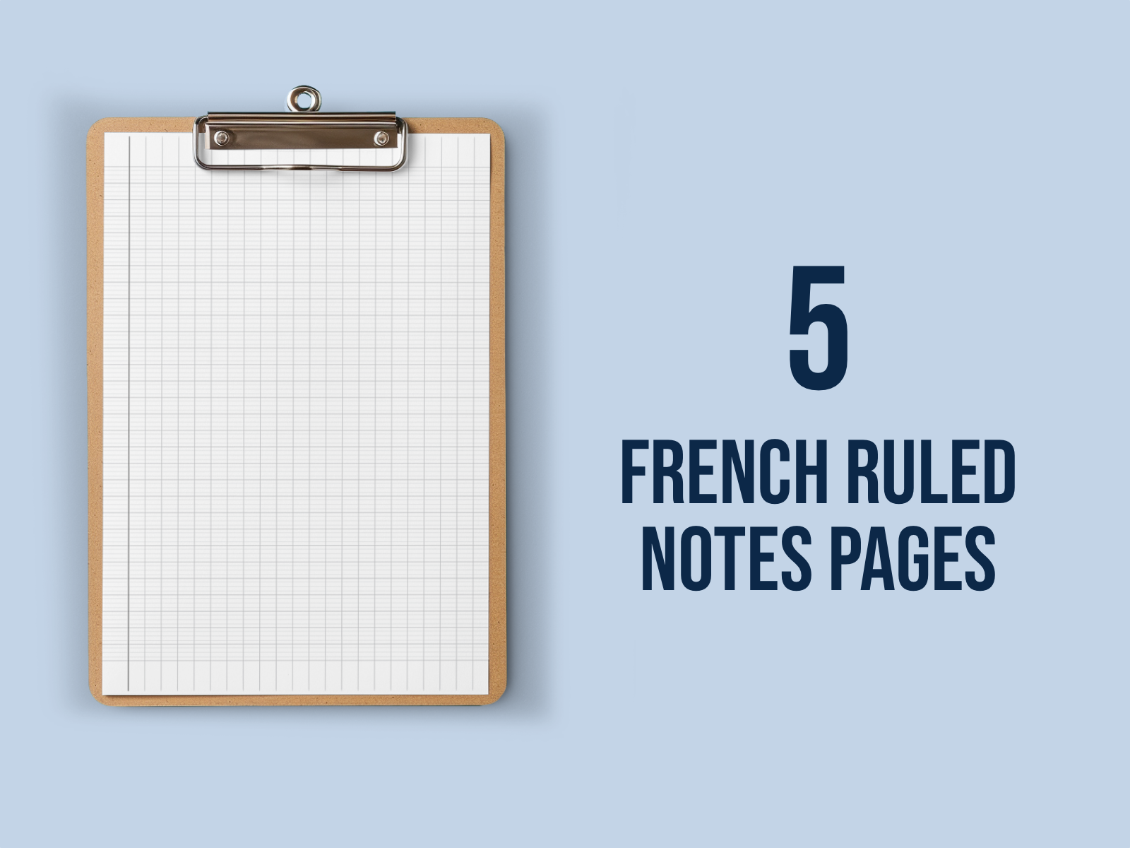 Clipboard with a sheet of paper featuring French ruled lines on a light blue background