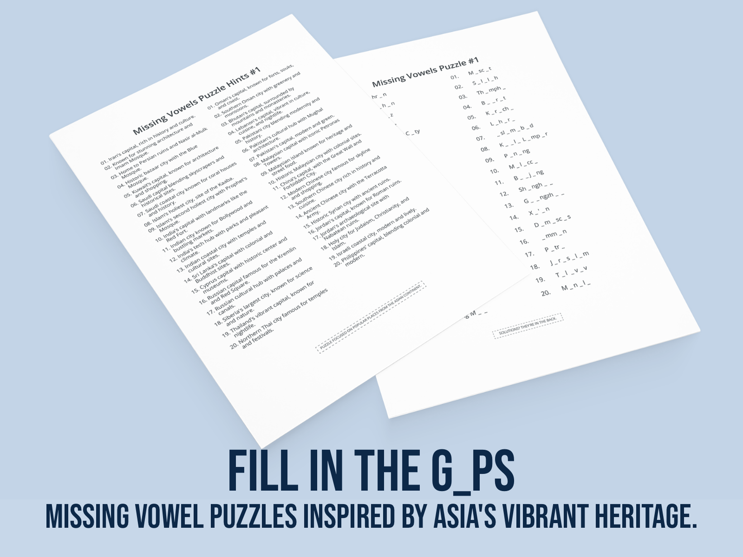 Two sheets of paper with missing vowel puzzles on a light blue background.