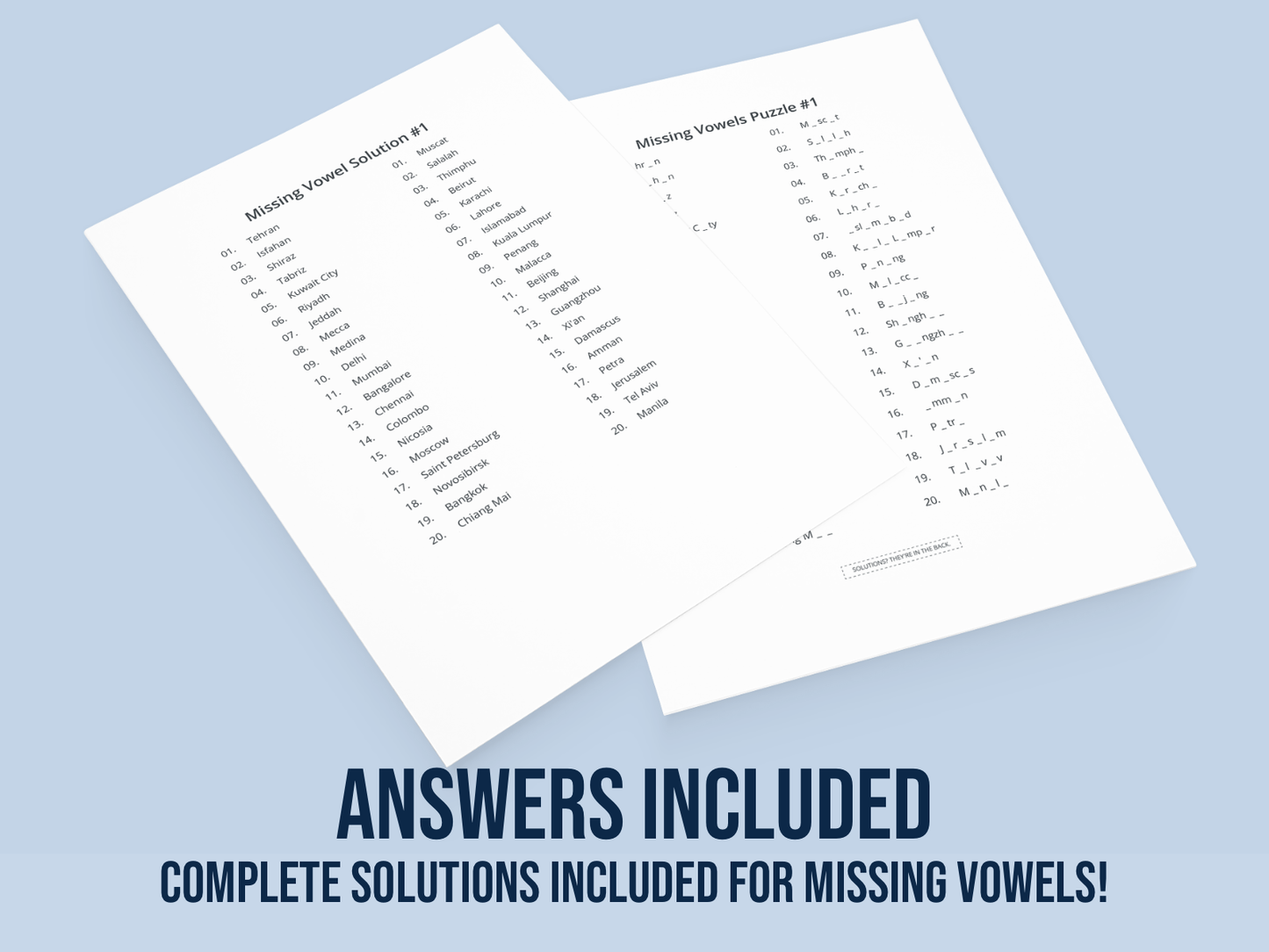 Two sheets of paper with text on a light blue background, promoting missing vowels puzzle solutions.