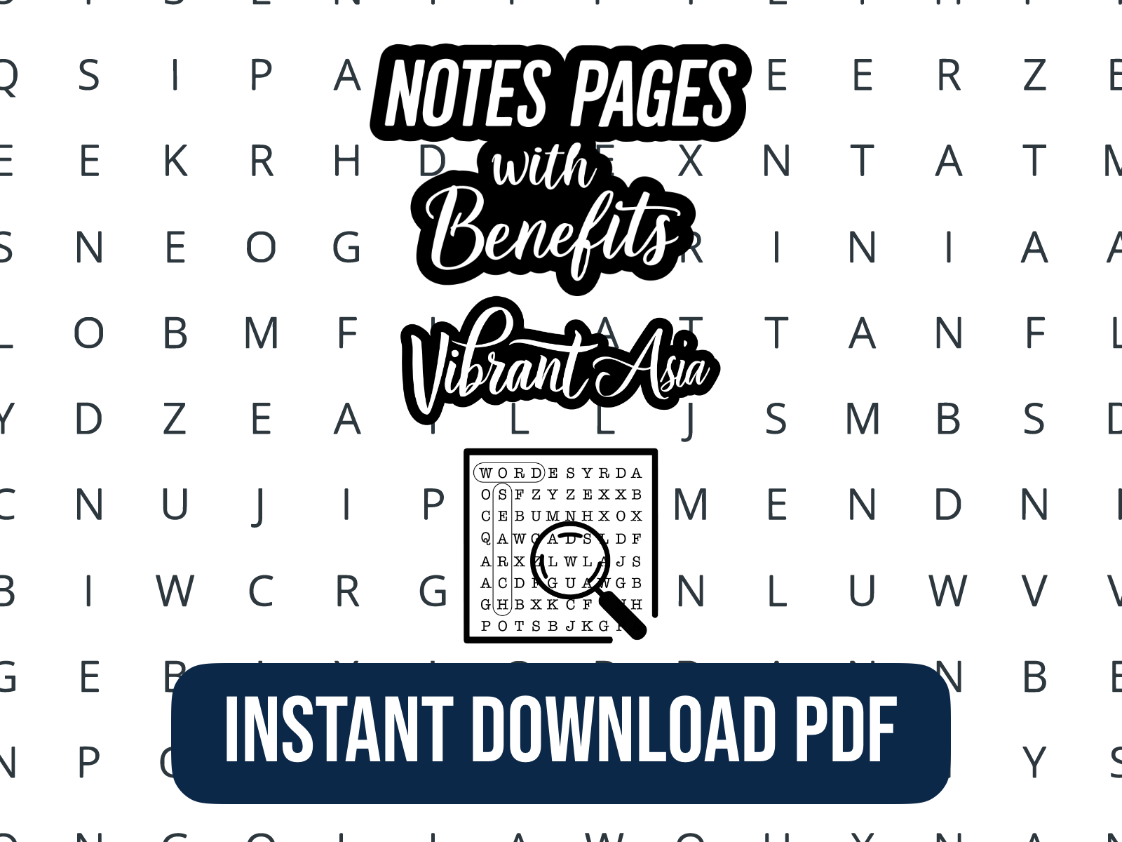 Promotional graphic for 'Notes Pages with Benefits' by Vibrant Asia, featuring a magnifying glass over text on a word search background.