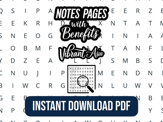 Promotional graphic for 'Notes Pages with Benefits' by Vibrant Asia, featuring a magnifying glass over text on a word search background.