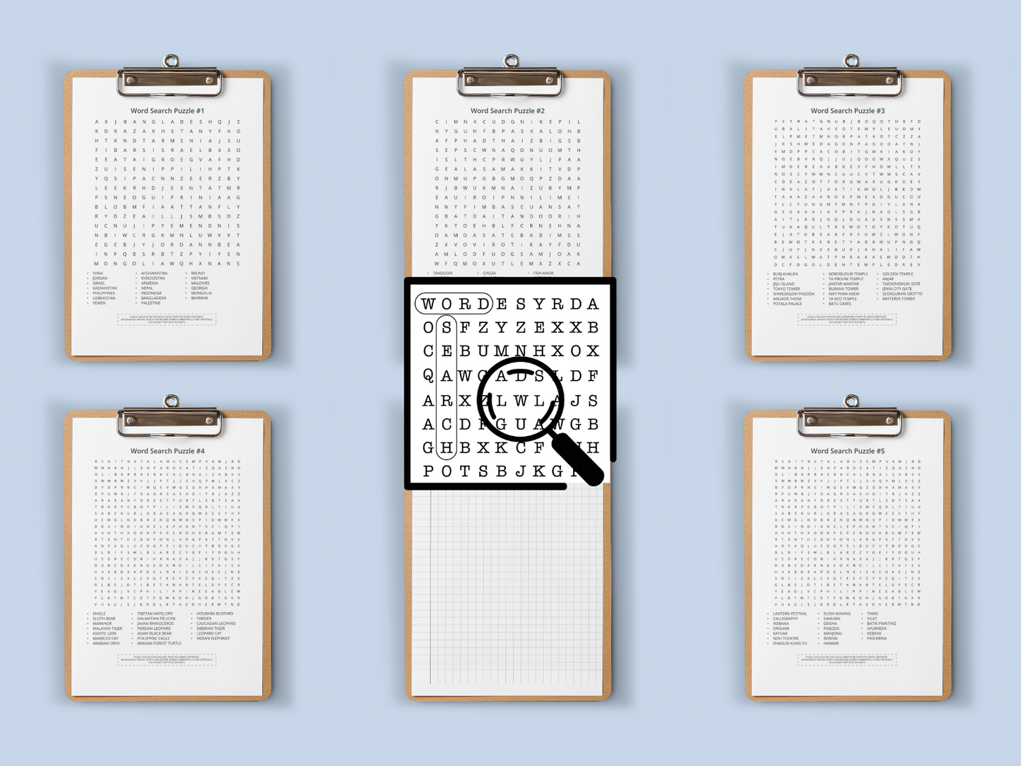 Set of six word search puzzles on clipboards with a magnifying glass icon.