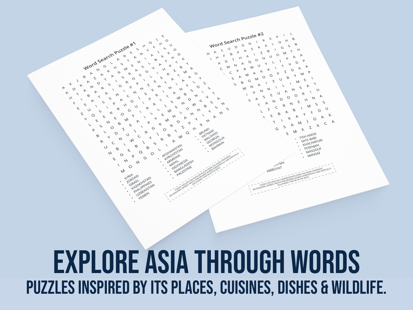 Two word search puzzles on paper with a blue background and text about exploring Asia through words.