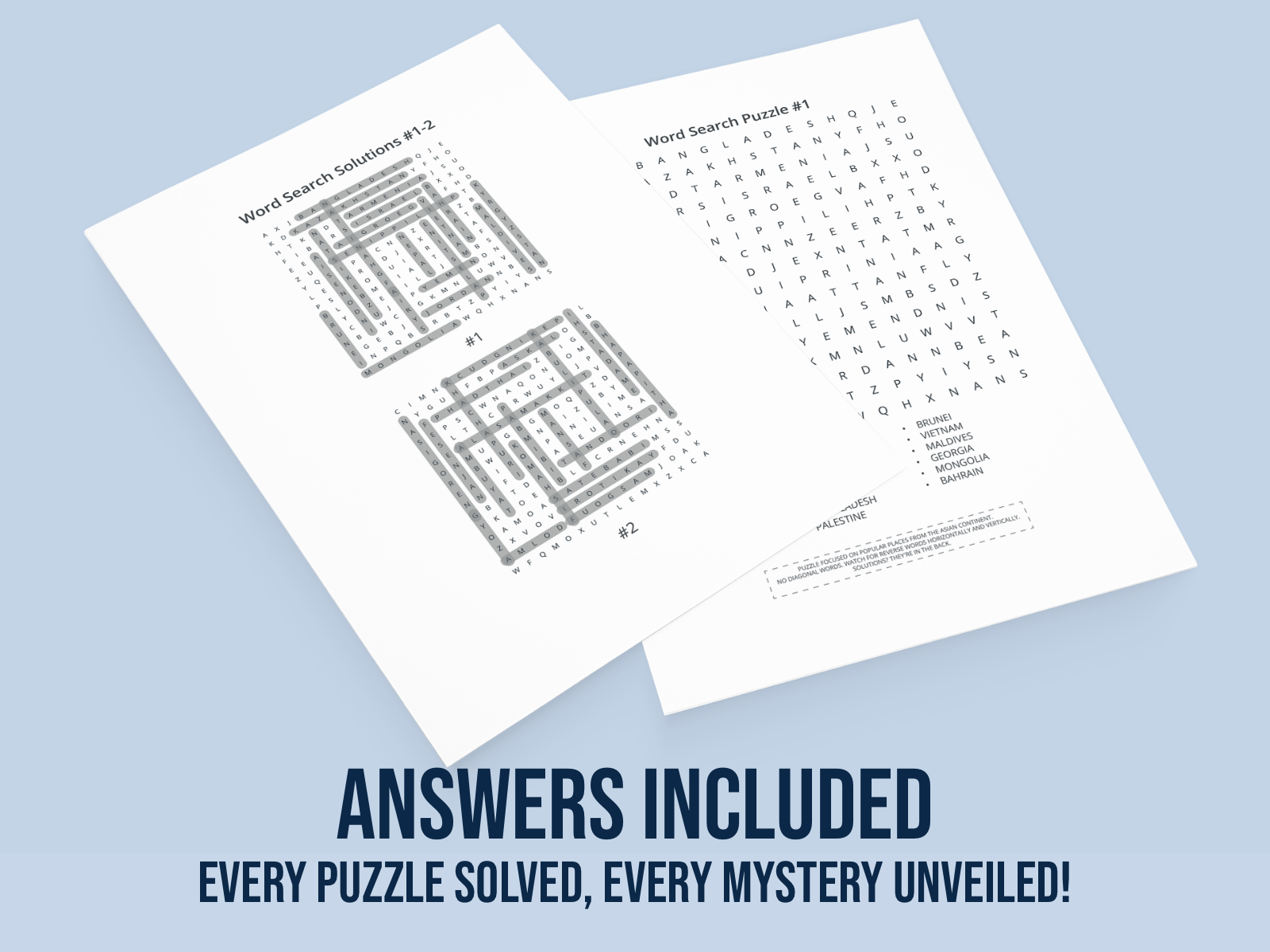 Two word search puzzles on a light blue background with text indicating answers are included.