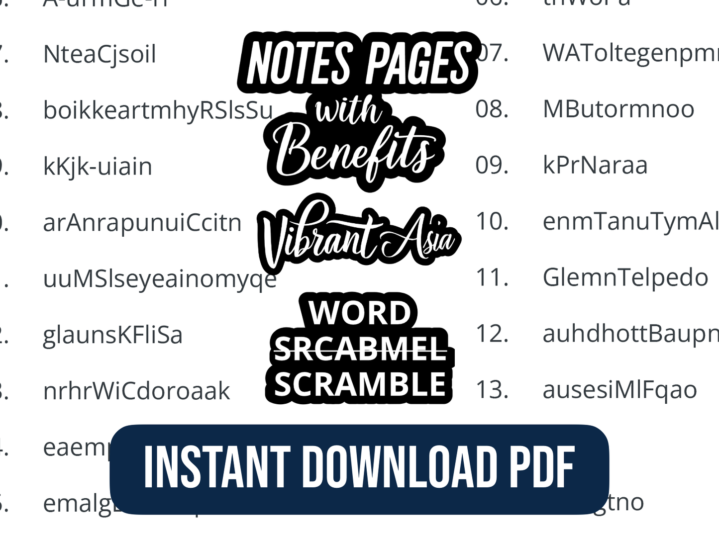 Promotional text with scrambled words for an instant download PDF version of a Word Scramble Puzzle.
