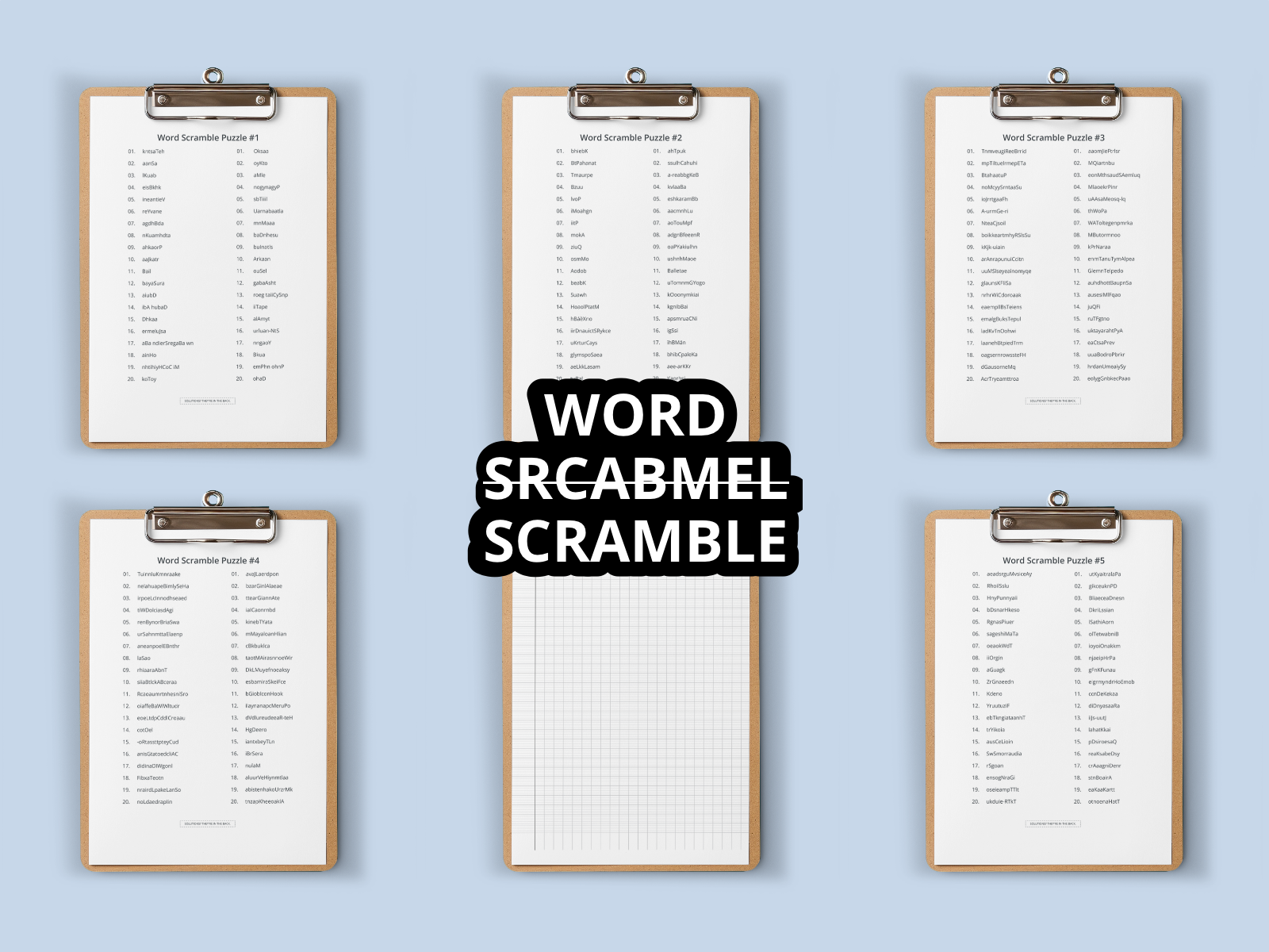 Set of six clipboards with word scramble puzzles on a light blue background, featuring the text 'WORD SCRABBLE SCRAMBLE'.