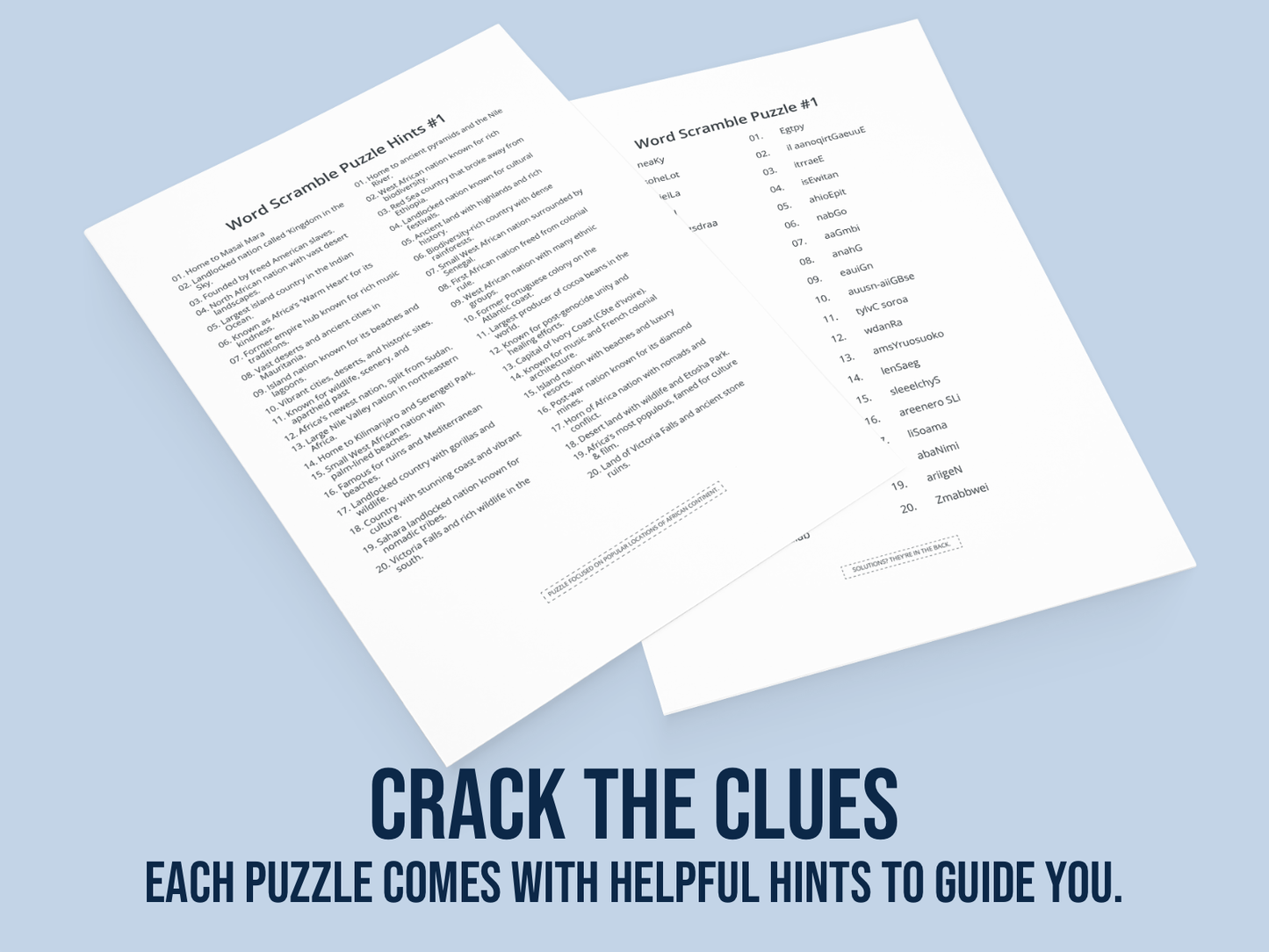 Two word scramble puzzle sheets on a light blue background with text encouraging viewers to solve the puzzles.