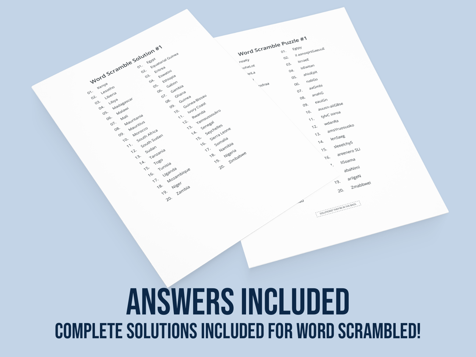 Two word scramble puzzles with solutions on a light blue background
