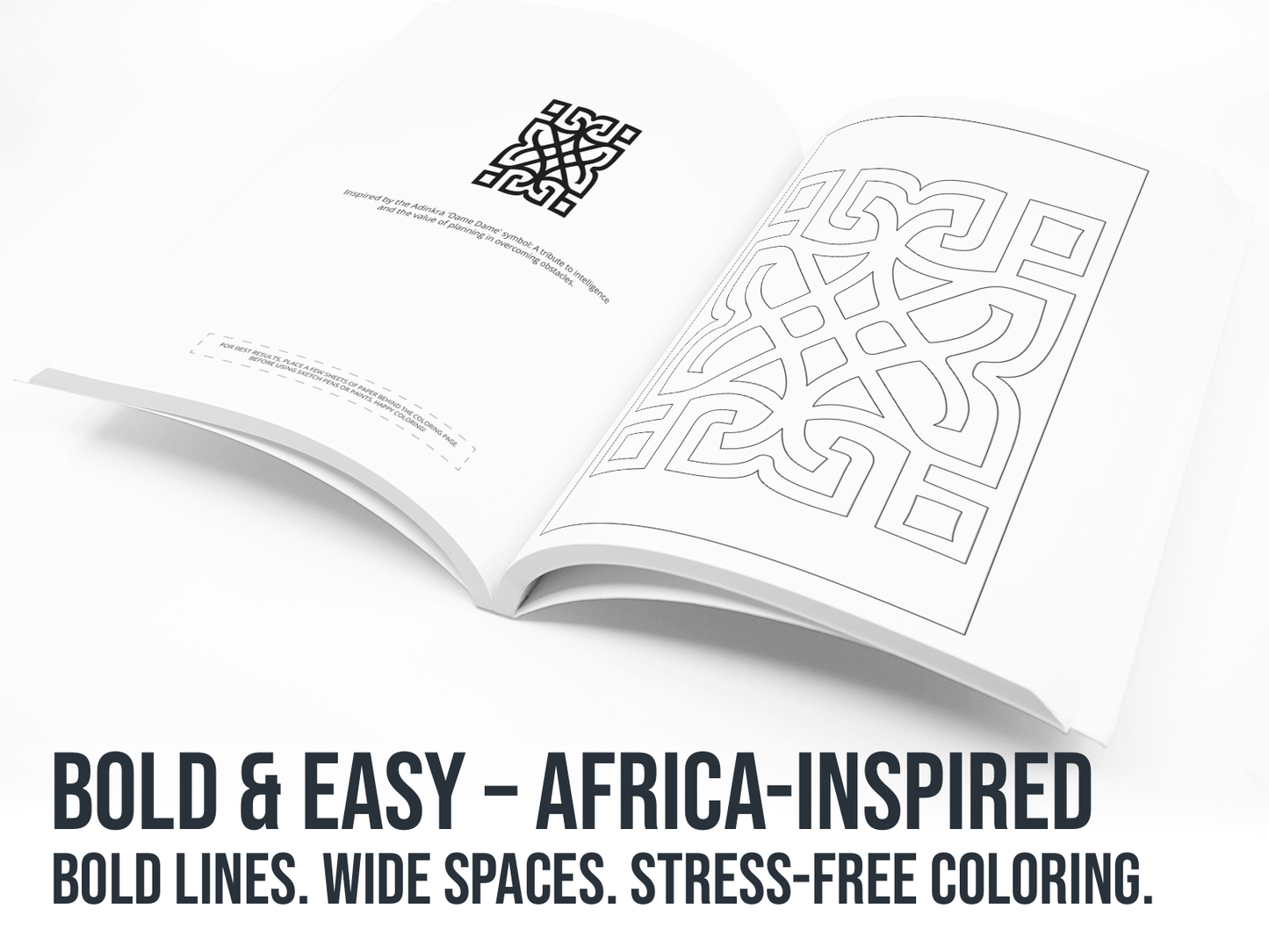 Open book with African-inspired design and text about coloring book features on a white background