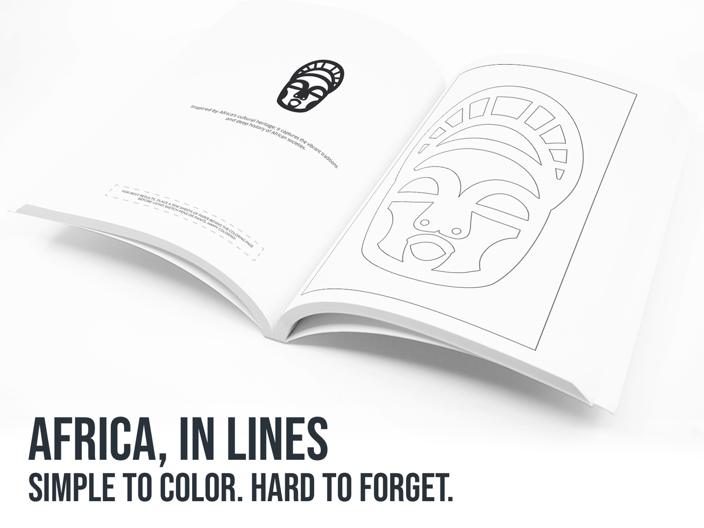 Open book with black line art of an African mask on a white background, with text 'AFRICA, IN LINES SIMPLE TO COLOR. HARD TO FORGET.