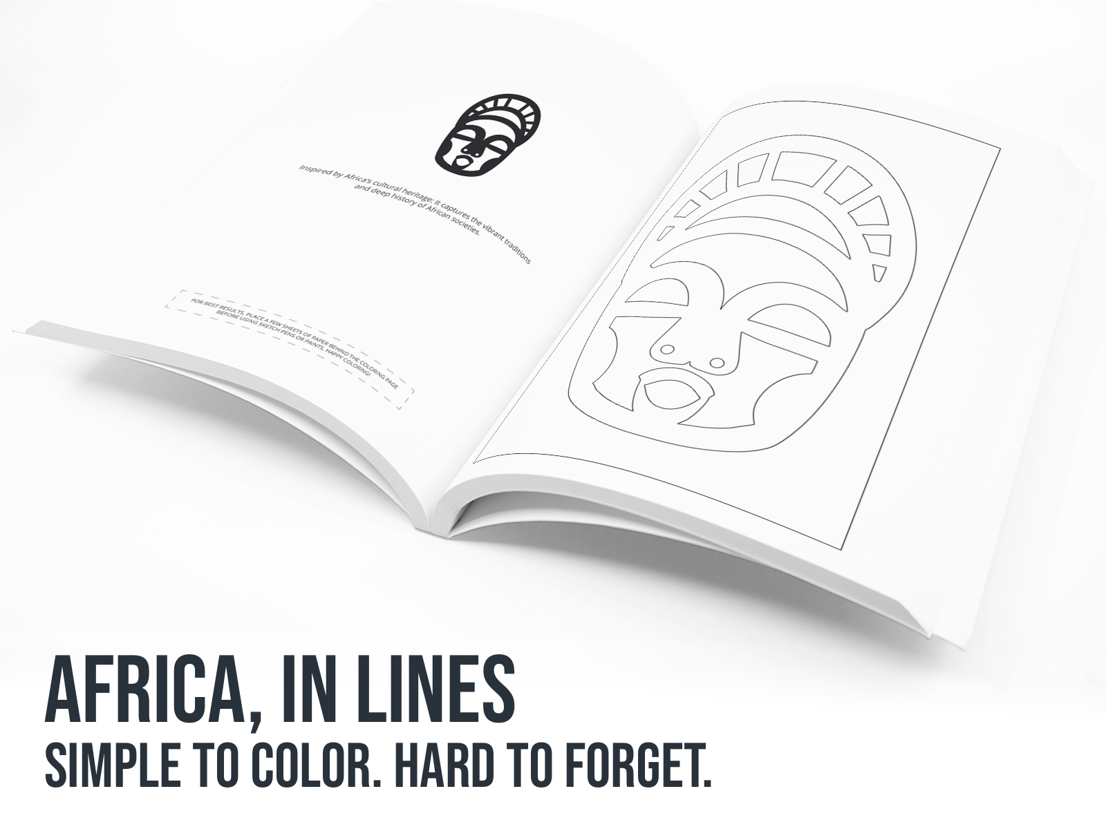 Open book with black line art of an African mask on a white background, with text 'AFRICA, IN LINES SIMPLE TO COLOR. HARD TO FORGET.