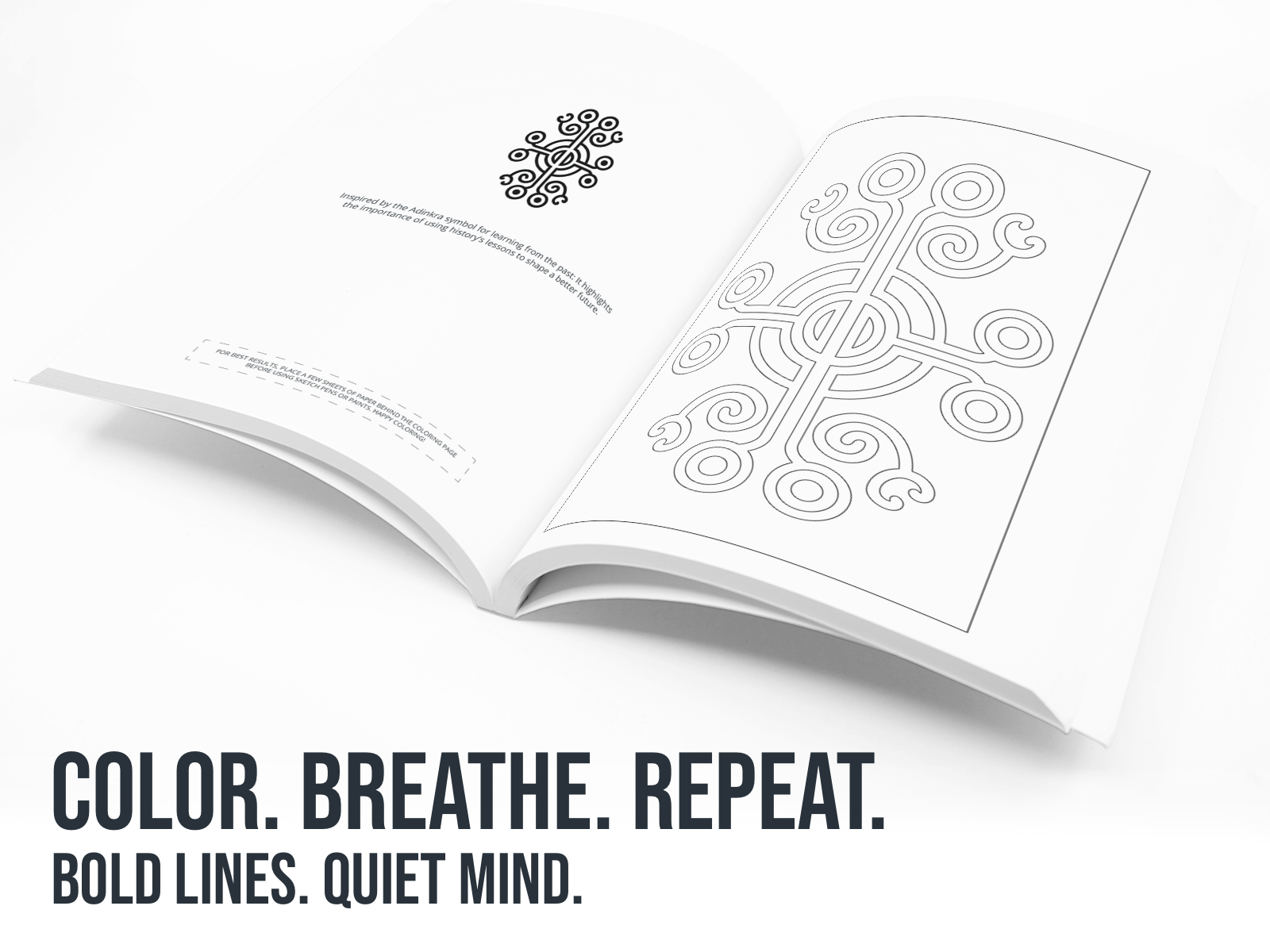 Open book with mandala design on a white background, featuring text 'Color. Breathe. Repeat.'