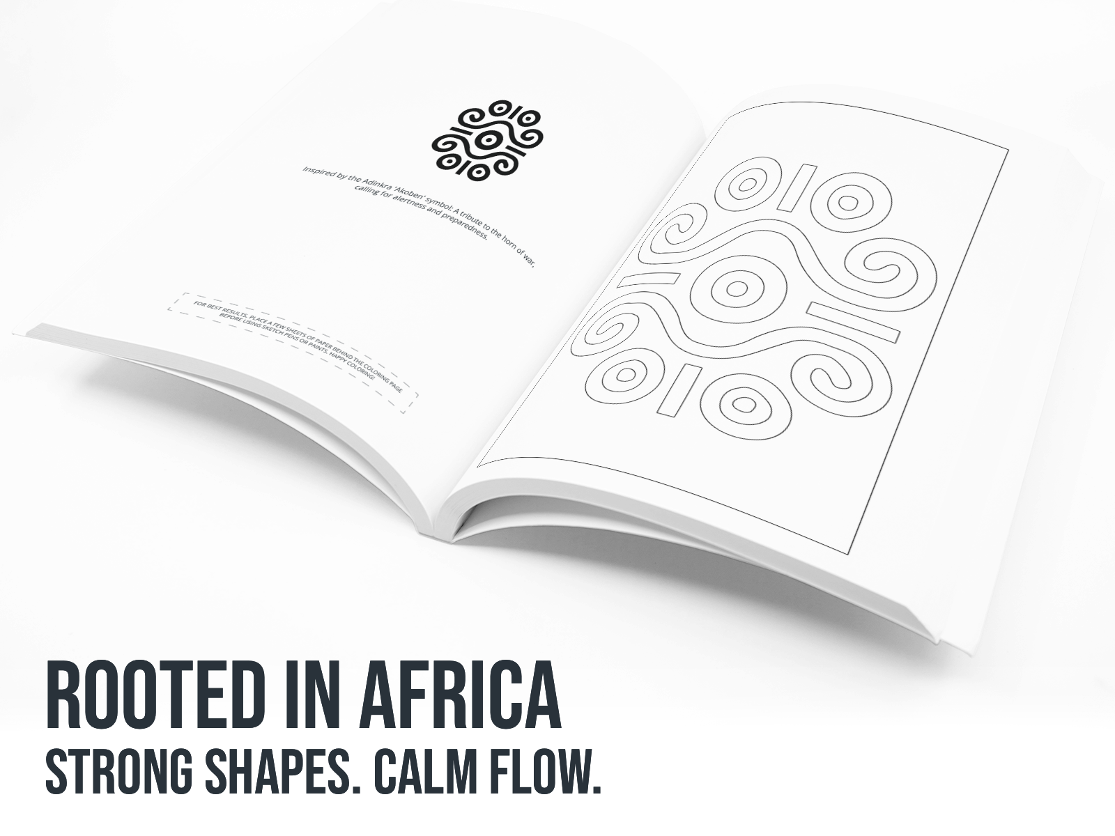 Open book with African design and text 'Rooted in Africa' on a white background