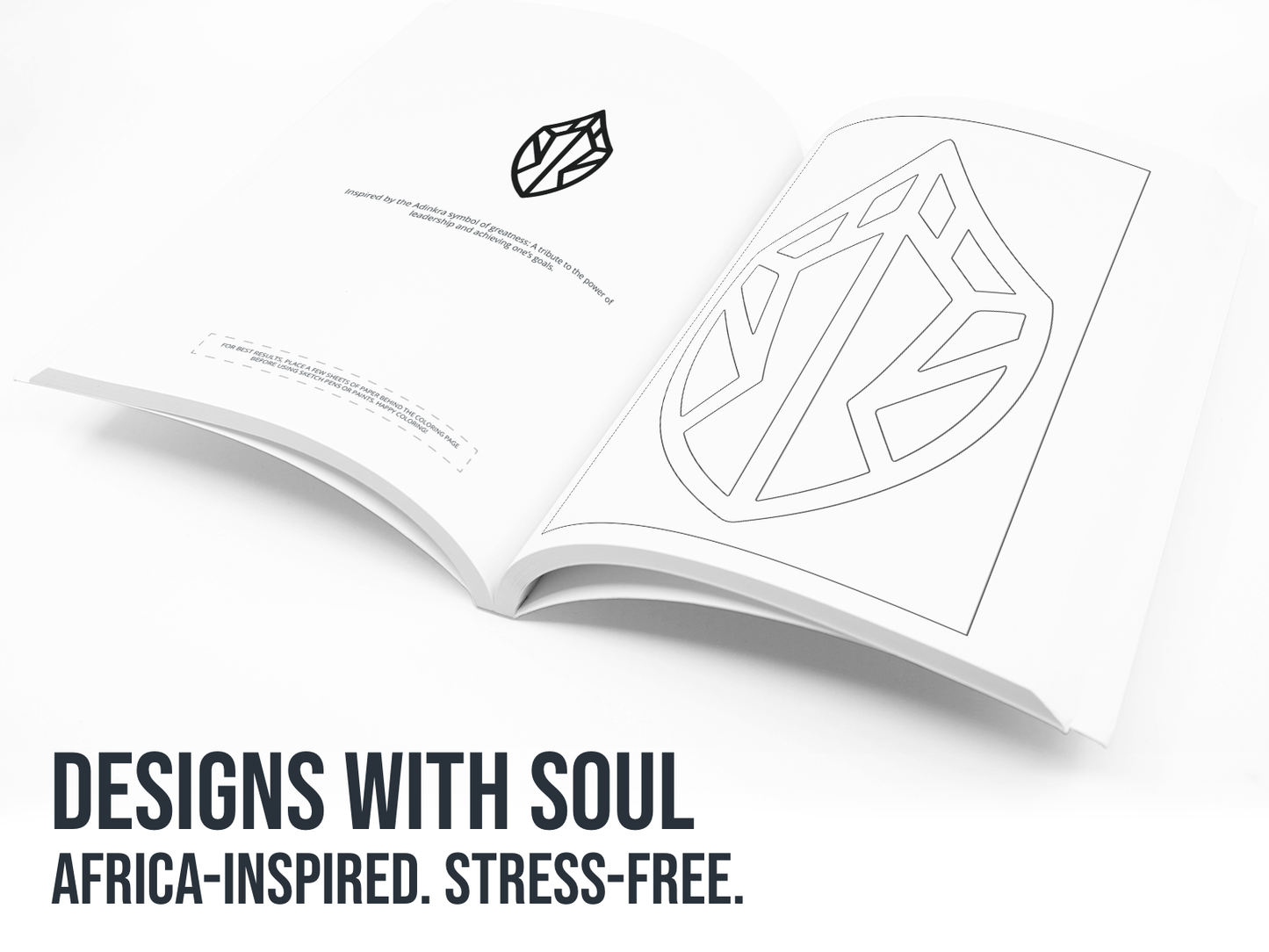 Open book with African-inspired design and text 'Designs with Soul' on a white background