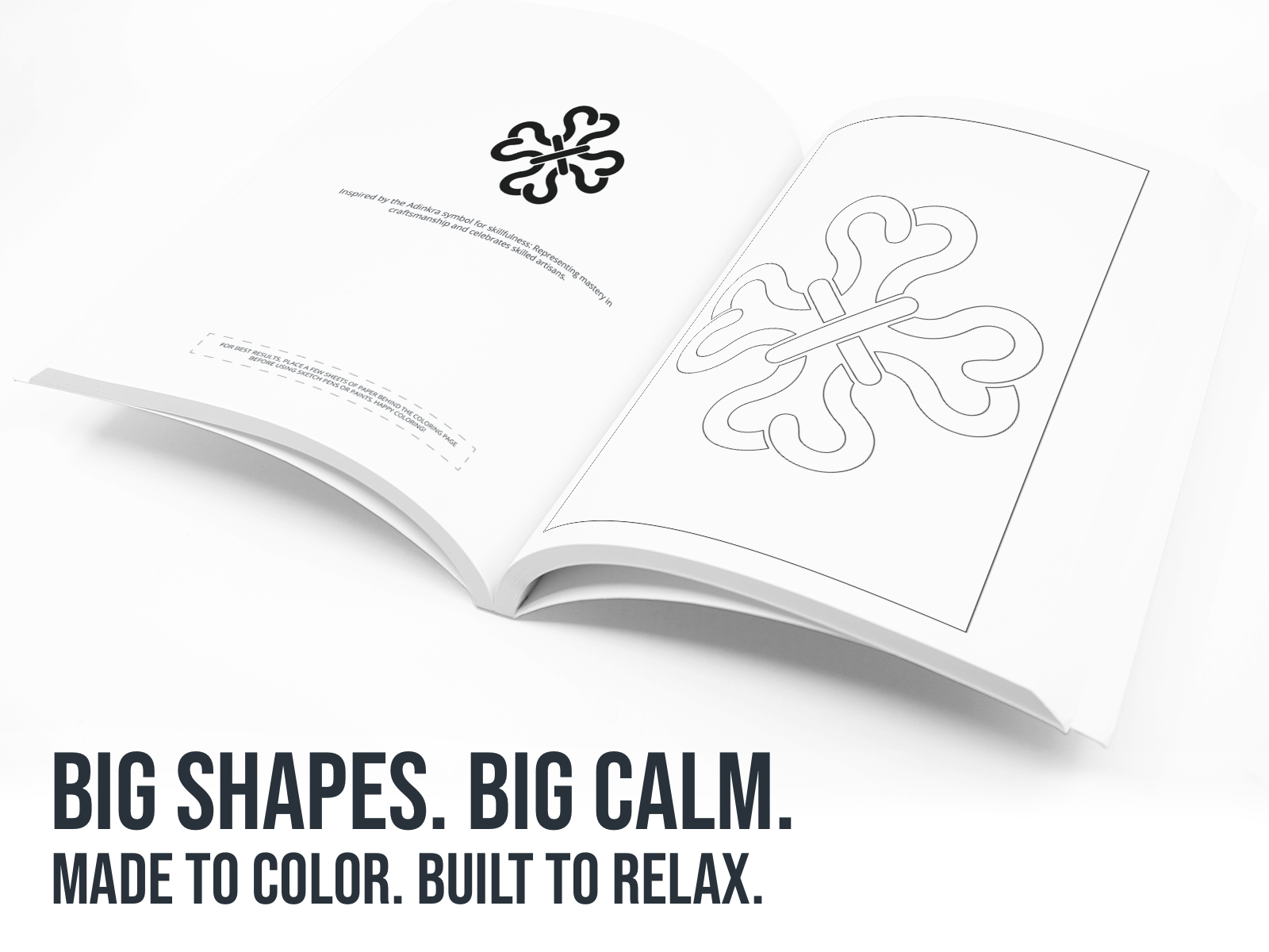 Open book with snowflake designs on a white background, featuring text Big Shapes, Big Calm