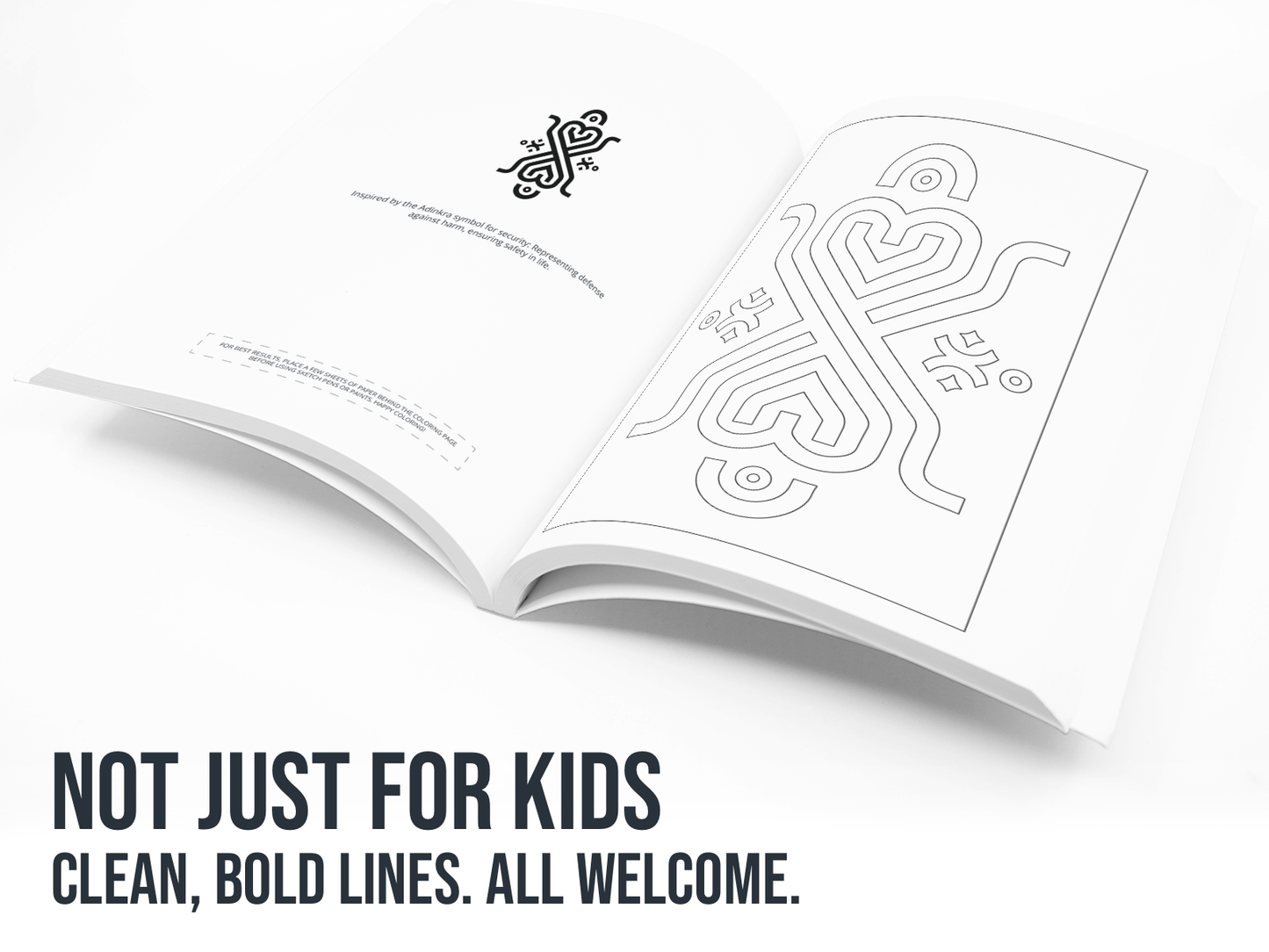 Open book with abstract designs and text on a white background