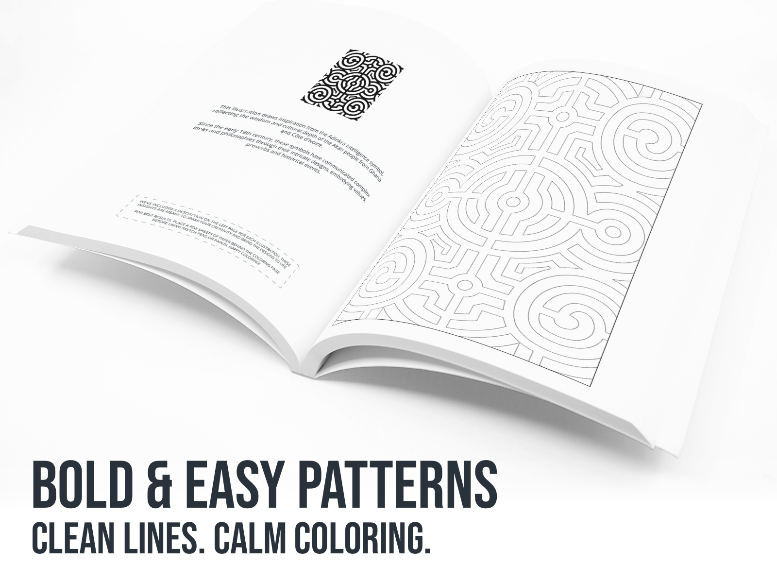 Open book with patterned pages on a white background with the text "Bold & Easy Patterns".