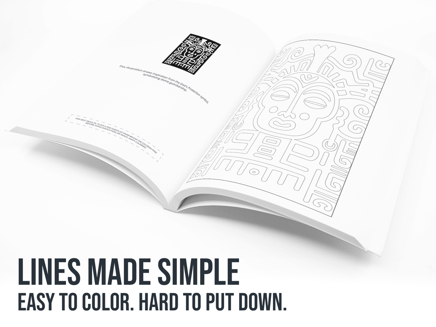 Open book with intricate African pattern on a white background with the text "Lines made Simple".