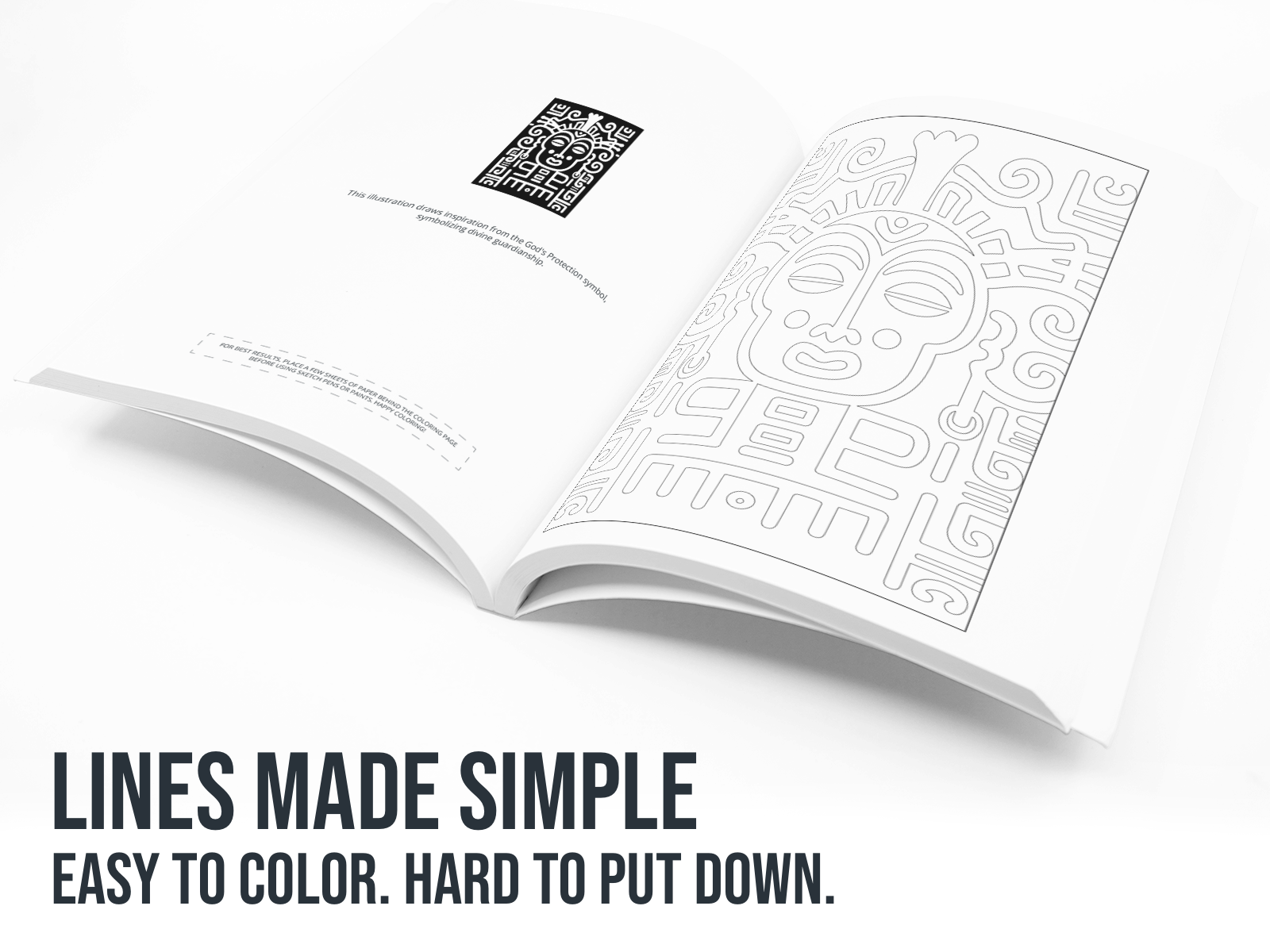 Open book with intricate African pattern on a white background with the text "Lines made Simple".