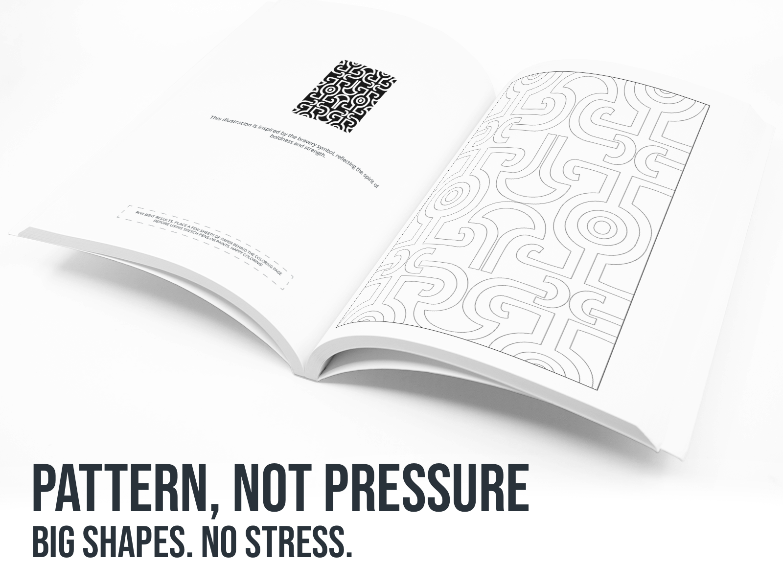 Open book with black and white patterns on a white background