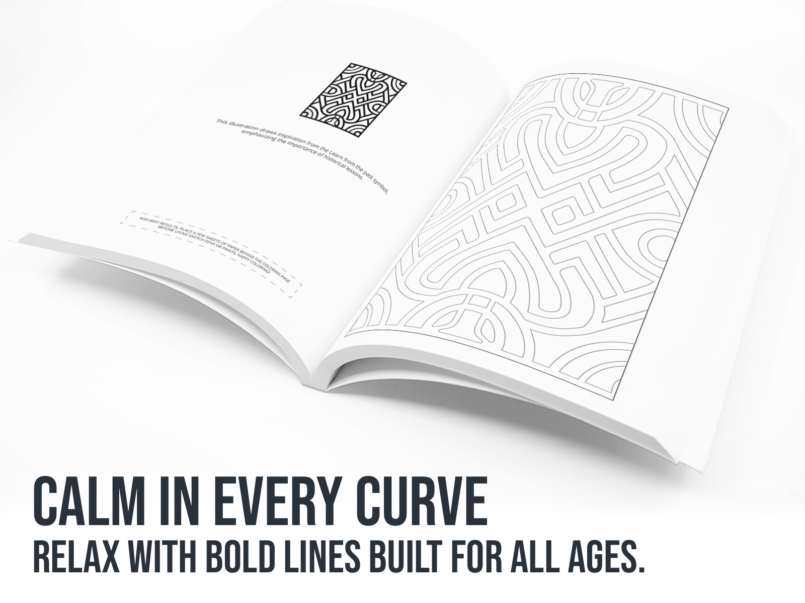 Open book with geometric patterns on a white background with the text "Calm in every Curve".